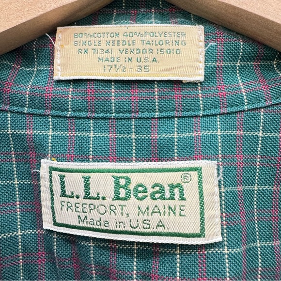 Vintage L.L. Bean Shirt Men 17.5-35 Plaid Single Needle Button Down Green - Picture 4 of 4